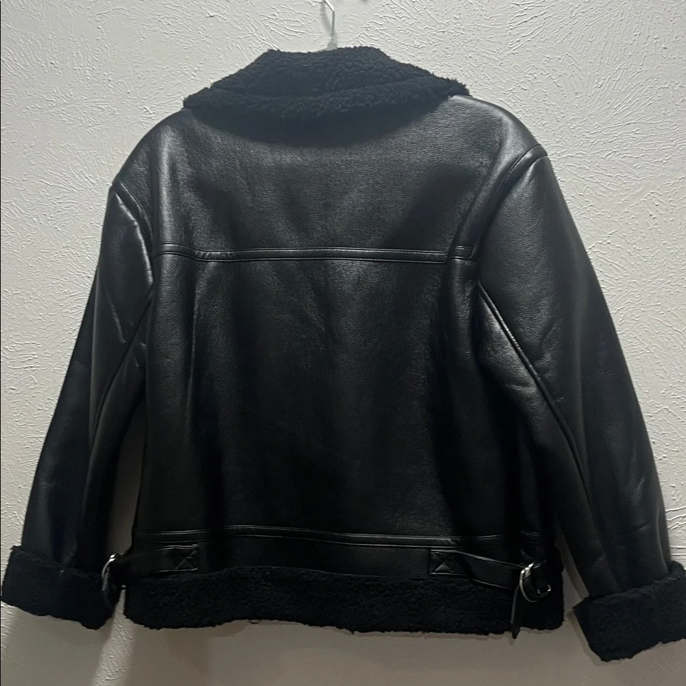 Black Faux Shearling Moto Biker Jacket Cropped Sherpa Lined - Picture 8 of 9